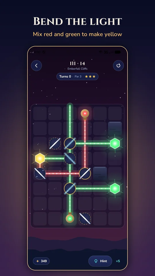 Isles of Dawn gameplay: red and green beams mix into a yellow lantern